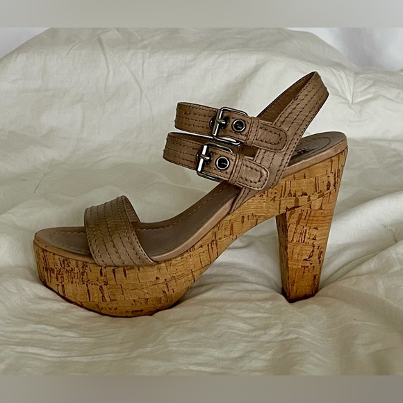 miu miu Platform Sandal Double Ankle Leather Buckle Cork Block Heel - Picture 3 of 8